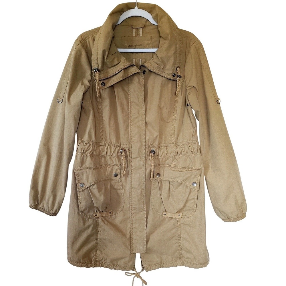 Eddie Bauer Hooded Utility Anorak Jacket Women M Tan Safari Military Field Parka
